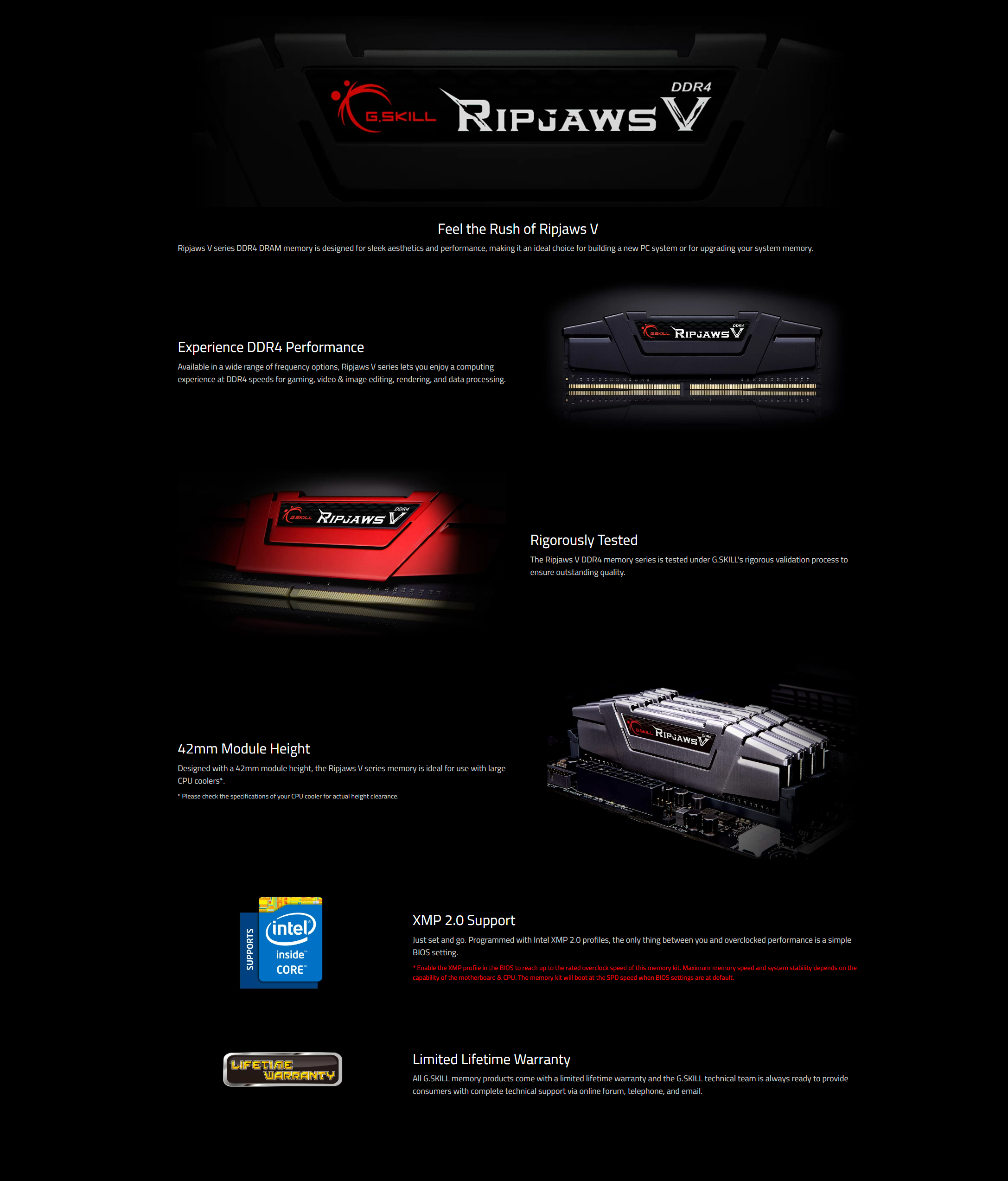A large marketing image providing additional information about the product G.Skill 32GB Kit (2x16GB) DDR4 Ripjaws V C18 3600MHz - Black - Additional alt info not provided